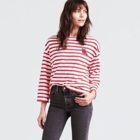 LEVI’S ROSE EMBROIDERED STRIPE 3/4 SLEEVE RELAXED FIT‎ SHIRT - Picture 2 of 11